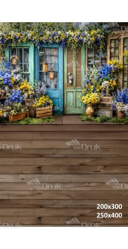 Tło fotograficzne „Wiosenne drzwi wśród niebiesko-żółtych kwiatów” | E834